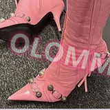 Amozae New Women Slim High Heel Metal Buckle Chain Luxury Shoes Fashion Comfortable Pointed Toe Ankle Boots Stiletto Party Short Boots