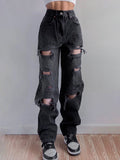 Amozae- Holes Casual Black Ripped Jeans Woman Harajuku High Waist Denim Trousers Vintage Distressed Pants Capri Summer