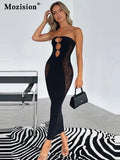 Amozae   Hollow Out Mesh Long Dress Women   Summer Strapless Backless Sleeveless Bodycon Elegant Black Maxi Dress Outfit