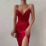 Amozae-Graduation Gift Big Sale  Elegant Women Sleeveless Backless Solid Bodycon Evening Party Dresses 2024 Female Slim Fit V-neck Velvet Split Midi Prom Dress