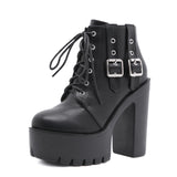 Amozae-  Winter Short Boots Women's Fashion Side Belt Buckle Front Lace-Up Platform High Heel Biker Boots Botki Damskie Jesienne