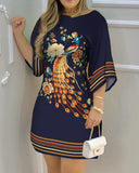 Amozae-hoco dresses  Women's Dresses 2024 Spring Fashion Peacock Print Casual Round Neck Long Sleeve Daily Mini Loose Dress
