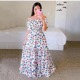 Amozae- Summer Floral Dress Women Plus Size Elegant Off Shoulder Party Dress High Quality Chiffon Ruffle A-Line Dress Casual