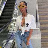Back to college  Print Short Sleeves Hollow Out Bandage Lace Up Crop Top T Shirt Summer Fashion Outfit Streetwear Club Y2K