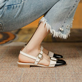 Amozae Retro Ladies Flats Elegant Metal Buckle Fashionable Female Sandals Square Toe Office Color-stitching Women's Single Shoes