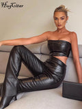 Amozae Sleeveless Solid Pu Leather Backless Tube Top Leggings 2 Pieces Set   Autumn Winter Women   Streetwear Tracksuit