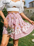 Graduation Gift Big Sale Boho ethnic tassel lace up print mini skirt summer women Floral elastic bohemian ruffle skirts pink A-line frills bottom