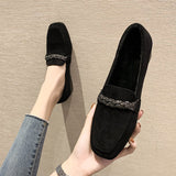 Amozae Autumn Winter Women Loafers Low Heels Boat Shoes Square Toe Dress Shoes Chain Faux Suede Plush Warm Ladies Shoes