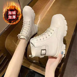 Amozae New Women White Ankle Boot PU Leather Thick Sole Lace Up Combat Booties Female Autumn Winter Platform Shoes Rubber Cowboy Boots