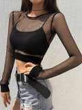 Amozae   Mesh Crop Tops Tee Shirt Femme Hollow Out Black Tshirt Women See Trough Long Sleeve Streetwear Fishnet T Shirt