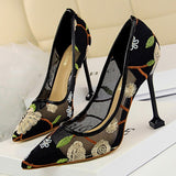 Amozae  Summer Fashion High Heels Women's Floral Embroidered Lace   Party Stiletto High Heels Mesh Women's Shoes