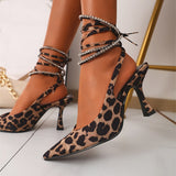Back to college Tino Kino   Rhinestones Sandals Women Leopard Thin High Heels Ladies Pumps Ankle Strap Female   Summer New Party Shoes