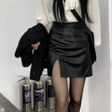 Amozae Back to college Punk Leather Skirt Women Black   Split Slim High Waisted A-Line Mini Skirts Autumn Korean Fashion Harajuku Streetwear