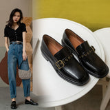 Back to school Hot sale Women's shoes 22-25cm length natural leather pumps Square toe  buckle Women heels 2 colors black shoes heels for women