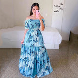Amozae- Summer Floral Dress Women Plus Size Elegant Off Shoulder Party Dress High Quality Chiffon Ruffle A-Line Dress Casual