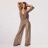 Amozae   Backless Gold Sequin Bosycon Jumpsuit Women Long Sleeve Evening Party Night Club Bodysuit One Piece Rompers Overall Pant