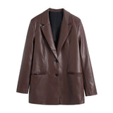 Amozae  Faux Leather Brown Blazer Long Pants Suits Slit PU Pants Three Pieces Matching Set Winter Streetwear Blazer Jacket Coat