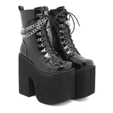 Amozae-  Winter Platform Boots Women's Square Toe Chunky Heel Platform Chain Front Lace-Up Short Boots Calcados Feminino Confortavel