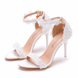 Amozae  White Ankle Strap Lace Flowers Elegant Party Sandals Thin High Heels Women Big Size Summer Office Wedding Shoes Stilettos H0036