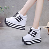 Amozae Women Sneakers Fashion Women Height Increasing Breathable Lace-Up Wedges Sneakers Platform Shoes Canvas Woman Casual Shoes 11cm