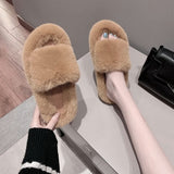 Winter Home Shoes Women House Slippers Warm Faux Fur Ladies Cross Soft Plush Furry Female Open Toe Slides Fashion Shoes