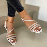 Amozae Women's Sandals New Casual Ladies Flat Shoes Rhinestones Bling Summer Comfort Cross Slip On Woman Sandalias Female Footwear